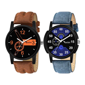 Foxter Set Of Two Combo Latest Combo of 2 Brown & Blue Belt Analog Watch - For Men